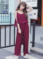 Oasap Spaghetti Strap Sleevless Pleated Chiffon Wide Leg Jumpsuit