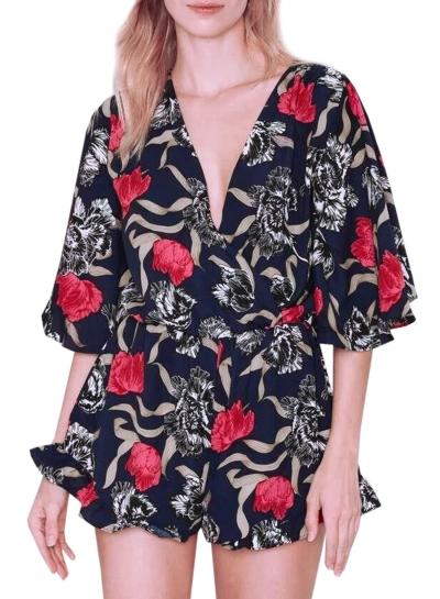 Oasap Women's Fashion V Neck Flare Sleeve Floral Print Romper