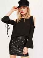 Oasap Black Off Shoulder Flounce Sleeves Tee Shirt