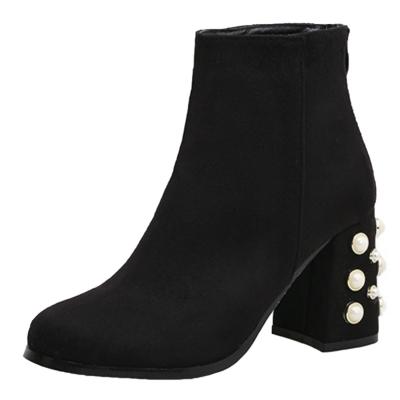 Oasap Round Toe Block Heels Pearl Detail Ankle Boots