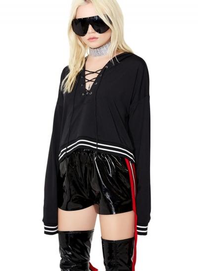 Oasap Fashion V Neck Lace-up Front Stripe Trim Hoodie