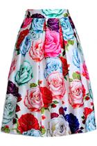 Oasap Colorful Rose Print Pleated Swing Skirt