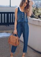 Oasap Sexy Sleeveless Round Neck Denim Jumpsuits