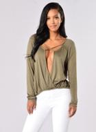 Oasap Deep V Neck Long Sleeve Solid Color Pullover Tee Shirt