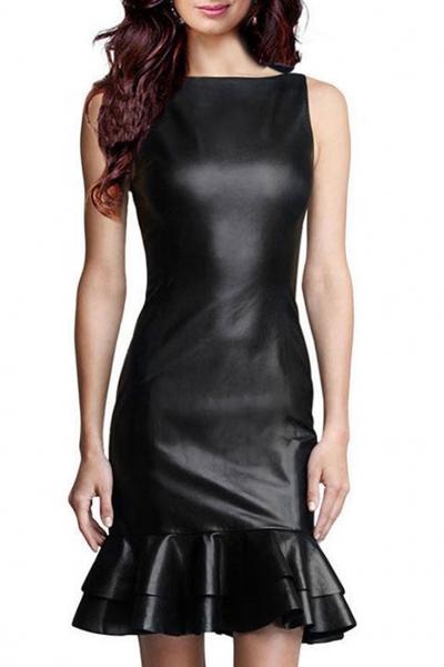 Oasap Stylish Faux Leather Sleeveless Flouncing Hem Bodycon Dress