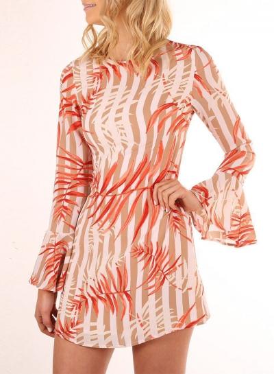Oasap Flare Sleeve Leaf Printed Mini Dress