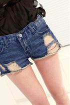 Oasap Chic Blue Worn Jean Shorts With Hole Detail
