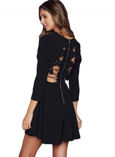 Oasap 3/4 Sleeve Floral Hollow Out A-line Dress