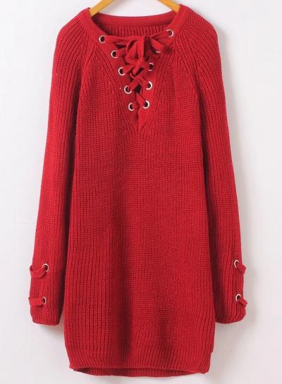 Oasap V Neck Lace-up Front Pullover Sweater