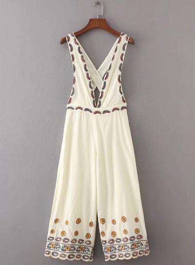 Oasap Deep V Neck Back Cross Embroidered Wide Leg Jumpsuit