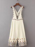 Oasap Deep V Neck Back Cross Embroidered Wide Leg Jumpsuit