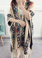 Oasap Geo Printed Open Front Loose Cardigan With Tassel
