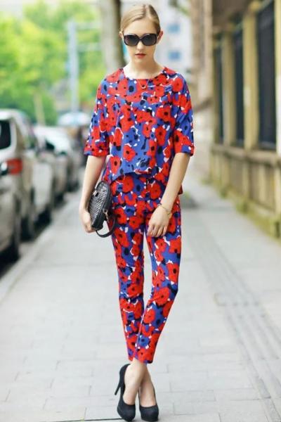 Oasap Fashion Floral Print Crop Top 2pcs Pant Set