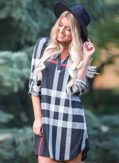 Oasap Casual V Neck Long Sleeve Plaid Print Dress