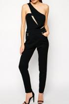 Oasap Black One Shoulder Asymmetric Cutout Jumpsuit