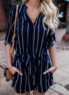 Oasap Striped Half Sleeve Romper With Belt