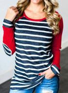 Oasap Casual Striped Color Block Long Sleeve Pullover Tee