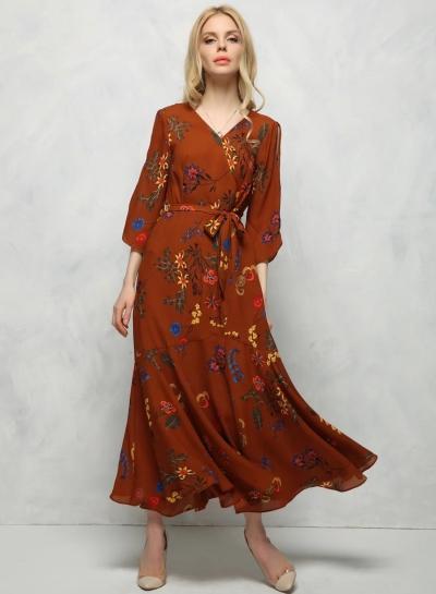 Oasap V Neck Three Quarter Length Sleeve Floral Printed Dresses