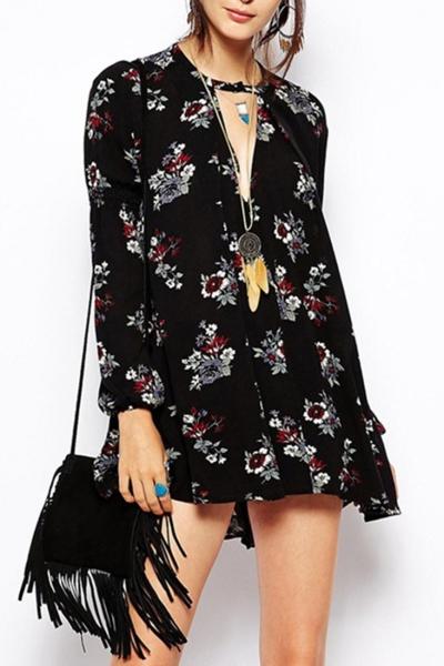 Oasap Floral Print V Neck Lantern Sleeve Trapeze Dress