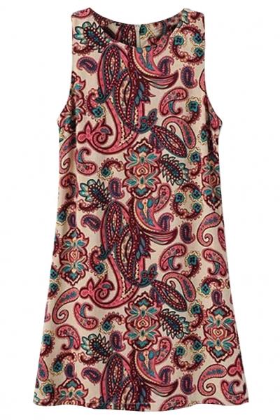 Oasap Sweet Apricot Sleeveless Paisley Print Mini Tank Dress