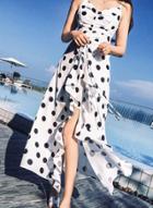 Oasap Beach Irregular Spaghetti Strap V Neck Women Dress With Polka Dots