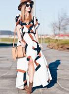 Oasap Geometric Print V Neck Short Sleeve Maxi Dress With Belt