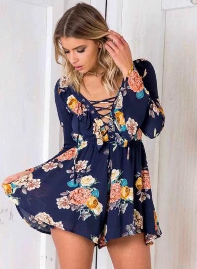Oasap Flare Sleeve V Neck Lace Up Floral Print Romper