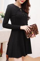 Oasap Black Lace-up Front Long Sleeve A-line Dress