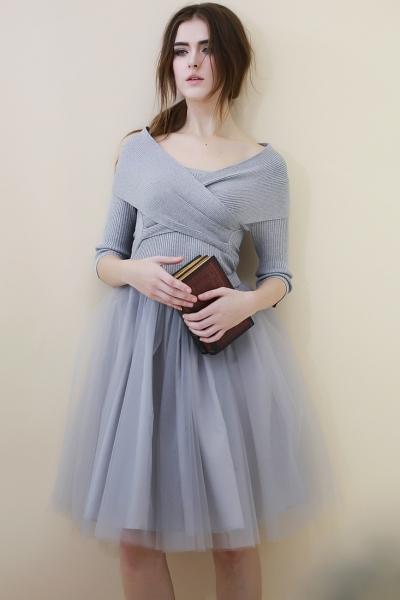 Oasap Elegant Wrap Off-the Shoulder Mesh Paneled Combo Dress