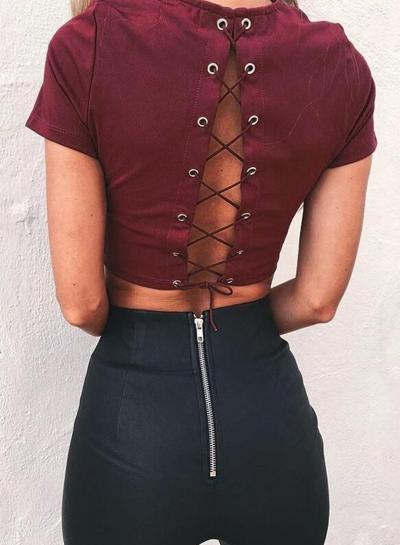 Oasap V Neck Lace Up Back Short Sleeve Crop Top