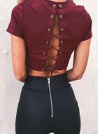 Oasap V Neck Lace Up Back Short Sleeve Crop Top