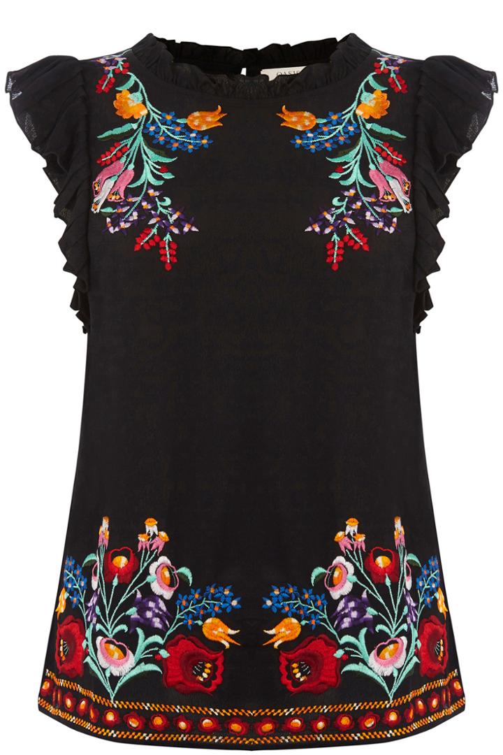 Oasis Embroidered Ruffle Sleeve Top