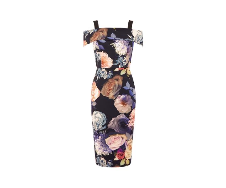 Oasis Rose Print Bardot Pencil Dress