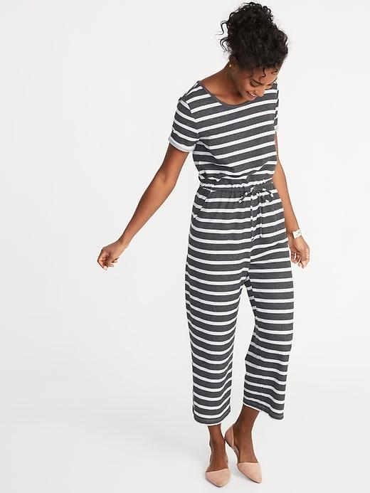 Old Navy Womens Waist-defined Wide-leg Boucl-jersey Jumpsuit For Women Charcoal/white Stripe Size M