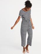 Old Navy Womens Waist-defined Wide-leg Boucl-jersey Jumpsuit For Women Charcoal/white Stripe Size M