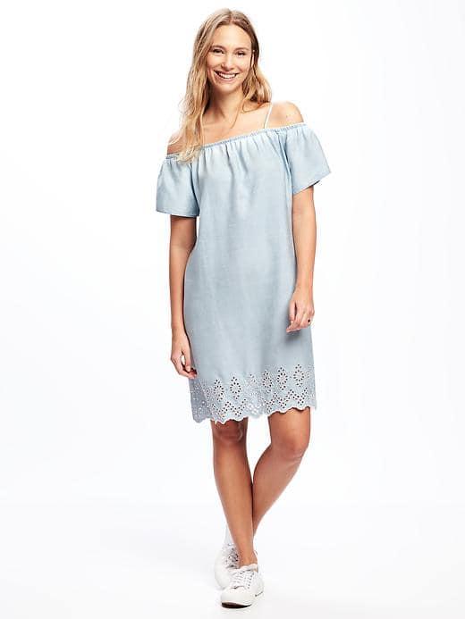 Old Navy Off Shoulder Eyelet Shift Dress For Women - Medium Wash