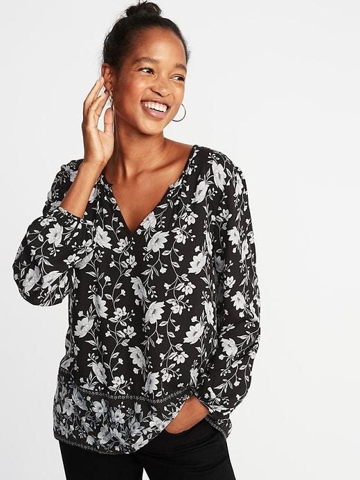 Old Navy Womens Lightweight Floral Split-neck Blouse For Women Black Floral Size Xs