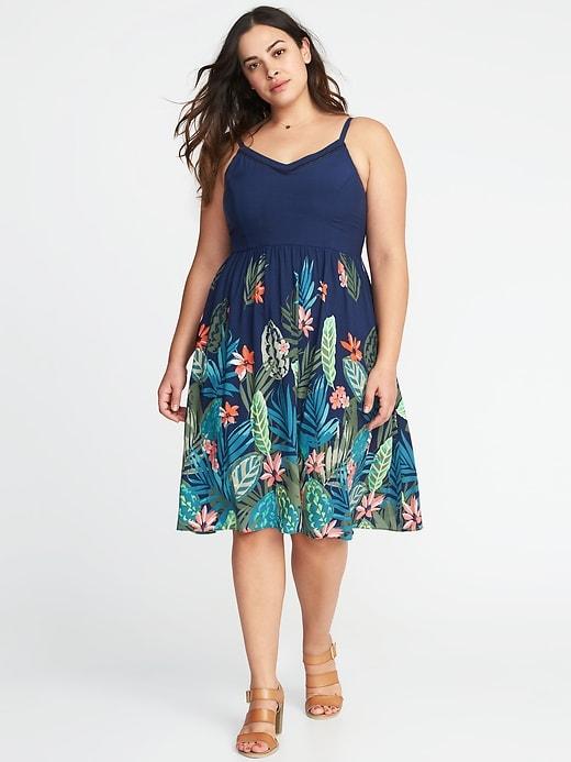 Old Navy Womens Plus-size Sleeveless Fit & Flare Cami Midi Navy Tropical Print Size 1x