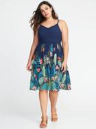 Old Navy Womens Plus-size Sleeveless Fit & Flare Cami Midi Navy Tropical Print Size 1x