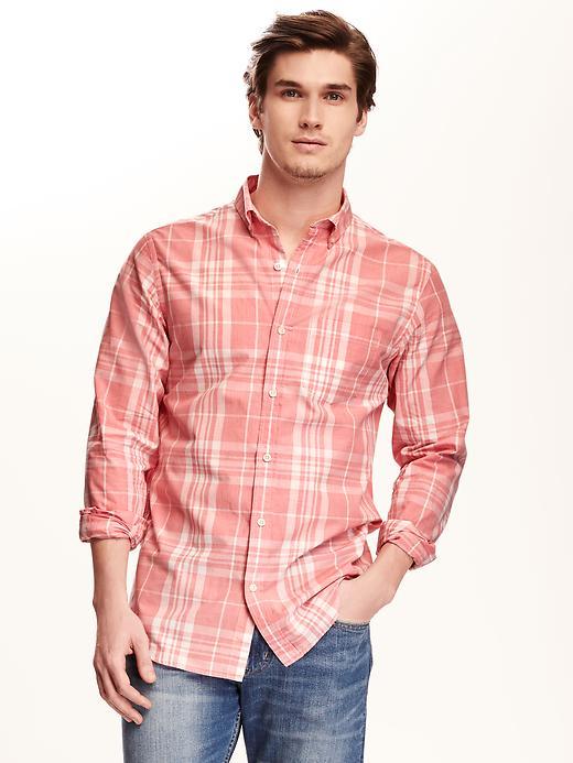 Old Navy Regular Fit Classic Plaid Shirt For Men - Coral Obligation