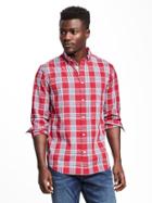 Old Navy Regular Fit Built In Flex Oxford Shirt For Men - Red Plaid