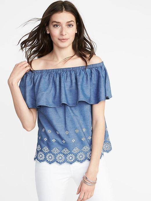 Old Navy Womens Ruffled Off-the-shoulder Cutwork Top For Women Chambray Blue Size Xl
