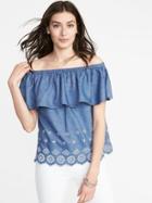 Old Navy Womens Ruffled Off-the-shoulder Cutwork Top For Women Chambray Blue Size Xl