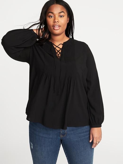 Old Navy Womens Plus-size Lace-up-yoke Pintuck Blouse Black Size 3x