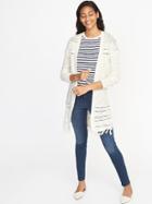 Old Navy Womens Open-front Fringed-hem Pointelle Sweater For Women Creme De La Creme Size M