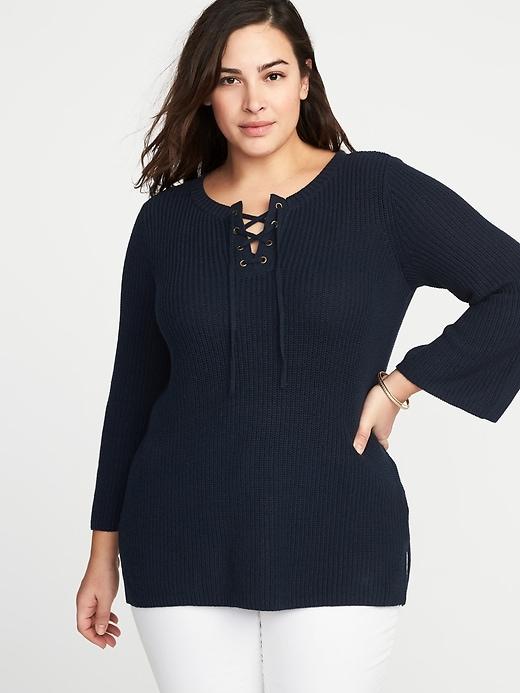 Old Navy Womens Lace-up Bell-sleeve Plus-size Sweater In The Navy Size 3x