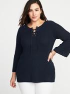 Old Navy Womens Lace-up Bell-sleeve Plus-size Sweater In The Navy Size 3x