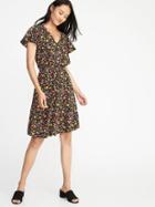 Old Navy Womens Waist-defined V-neck Dress For Women Black Ditsy Floral Size L