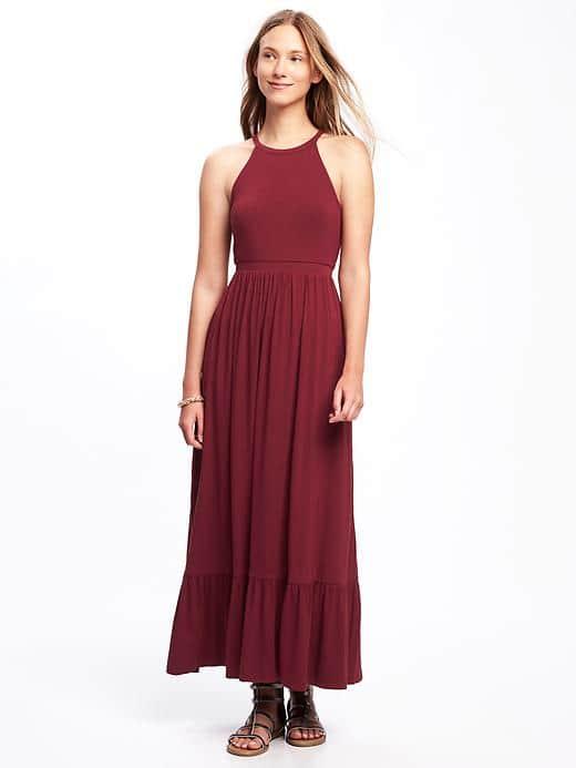 Old Navy High Neck Ruffle Hem Maxi Dress For Women - Gosh Garnet