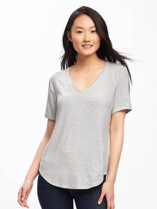 Old Navy Luxe Curved Hem V Neck Tee For Women - White Stripe